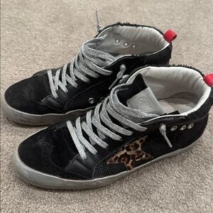 Golden Goose Black and Gray Mid Star Sneakers with Leopard Print Star